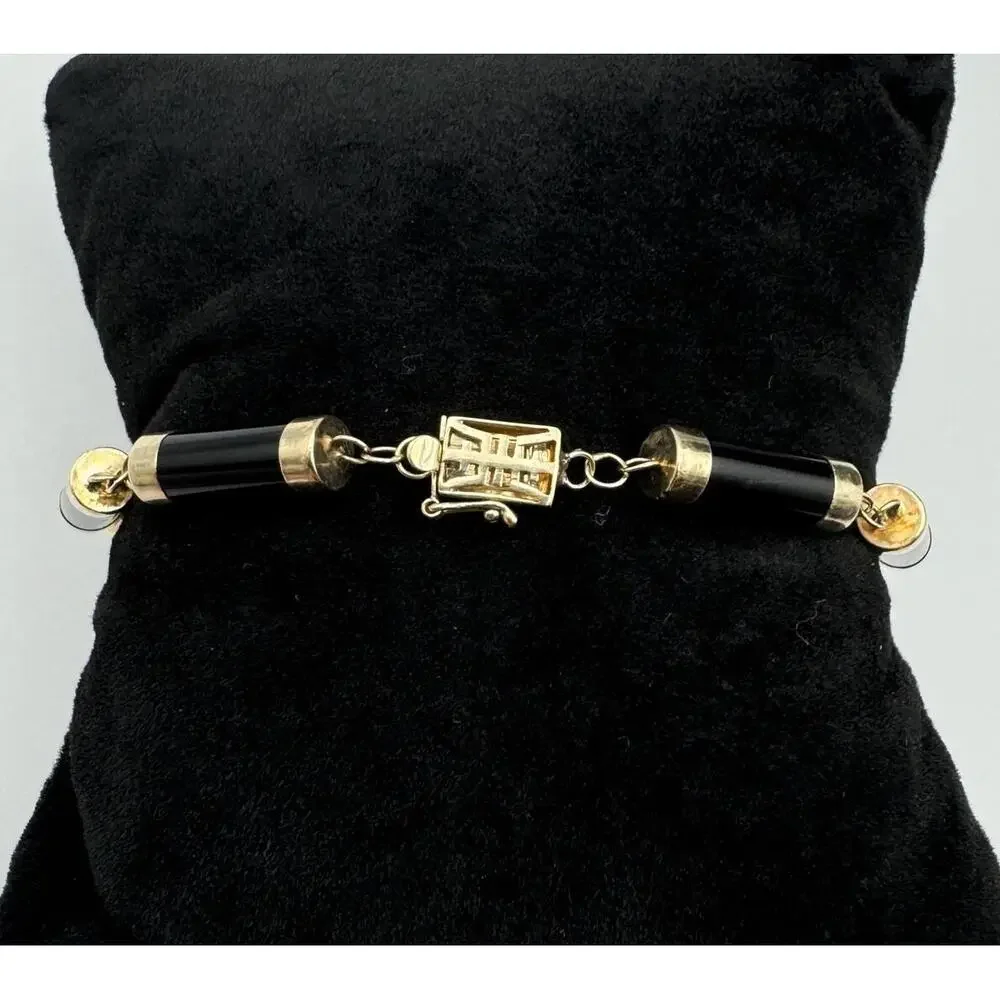 Heng Ngai HN 14k Gold‎ Onyx Cylinder Link Box Clasp Bracelet Estate Jewelry